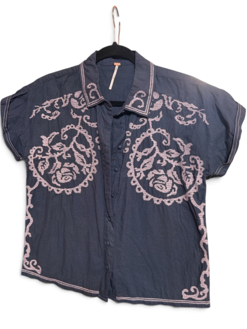 Free People Summer Love Button Down Shirt XS Blue Pink Embroidered Floral